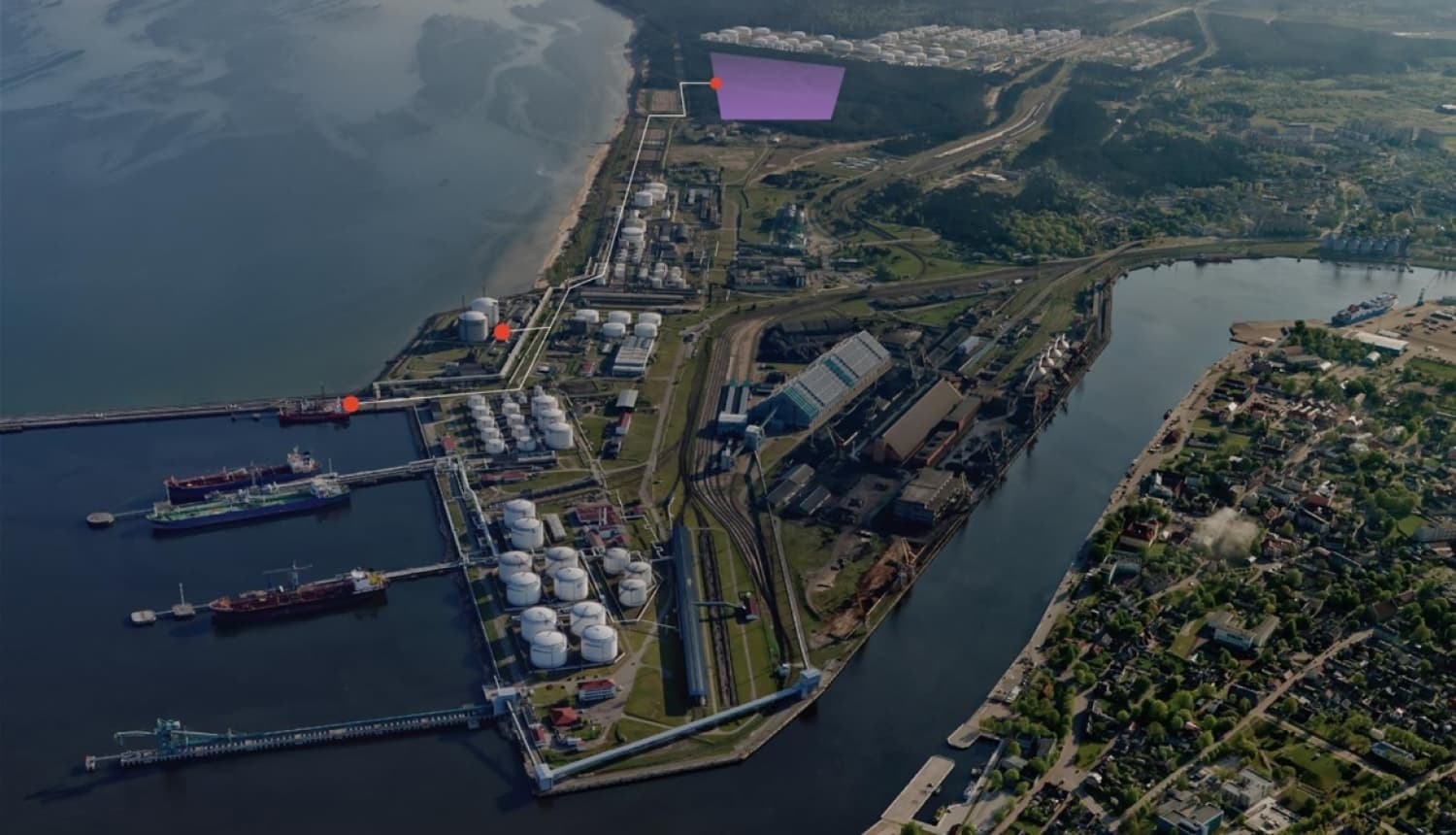 Aerial view of Ventspils port with the PurpleGreen project site highlighted