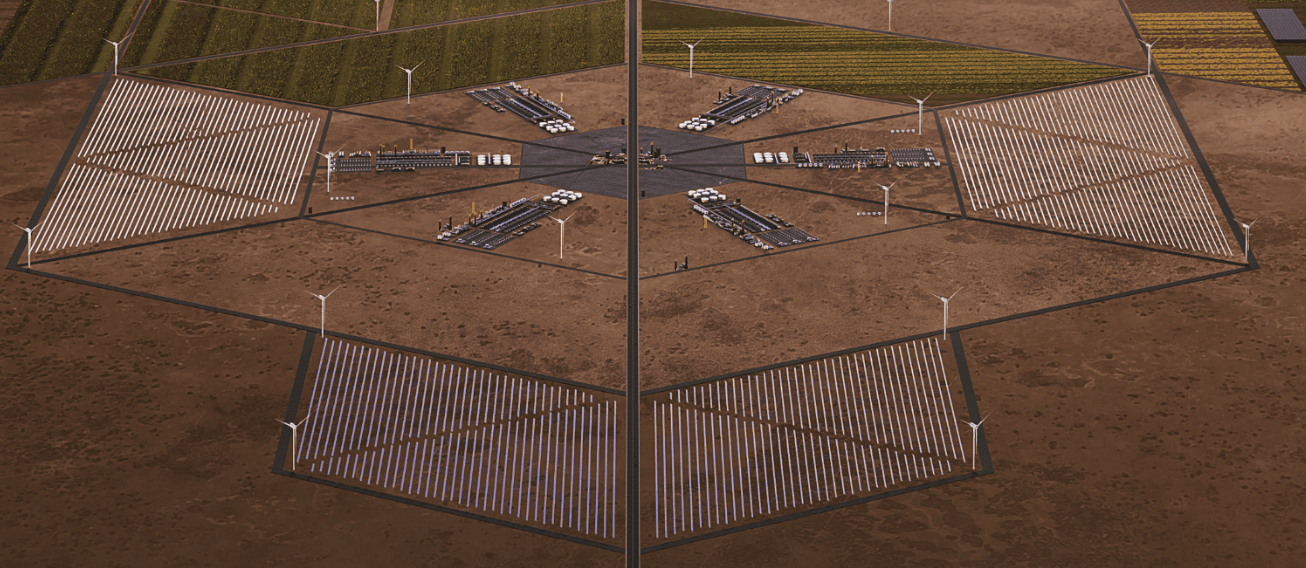 Aerial render of the Megaton Moon solar arrays on the Mauritanian coast